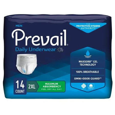 First Quality - PUM-517 - Prevail Men's Daily Underwear Male Adult Absorbent Underwear Prevail Men's Daily Underwear Pull On with Tear Away Seams 2X Large Disposable Heavy Absorbency