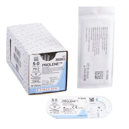 J & J Healthcare Systems - Prolene - 8686G - J&J  Nonabsorbable Suture with Needle  Polypropylene PS 2 3/8 Circle Precision Reverse Cutting Needle Size 5 0 Monofilament