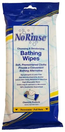 Cleanlife Products - No Rinse - 01000 -  Rinse Free Bath Wipe  Soft Pack Water / Propylene Glycol / Glycerin / Aloe Scented 8 Count