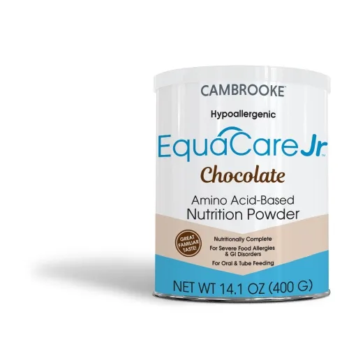 Cambrooke Foods - 48103 - EquaCare Jr., Chocolate Flavored Powder, 14.1 oz. 100% amino acid, hypoallergenic medical nutrition formula indicated for 1+ years old. 1876 Calories.