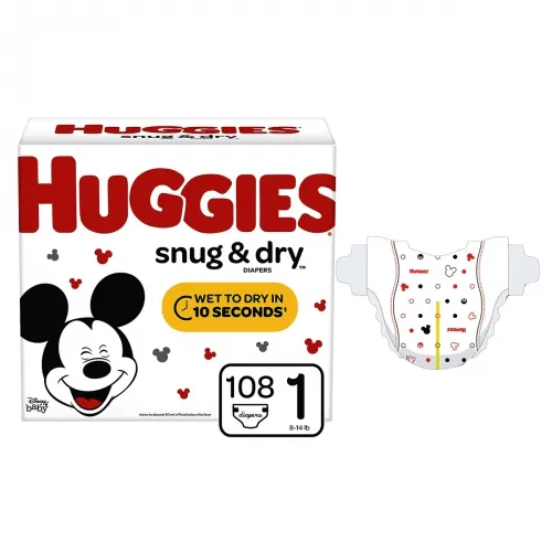 Kimberly Clark - 49856 - HUGGIES Snug and Dry Diapers, Size 1, 8-14 lb. (3-6 kg), BIG Pack, 108 total count.
