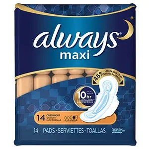 Procter & Gamble - 3700095089 - Always Maxi Pads, Regular,  Overnight, Unscented Wings