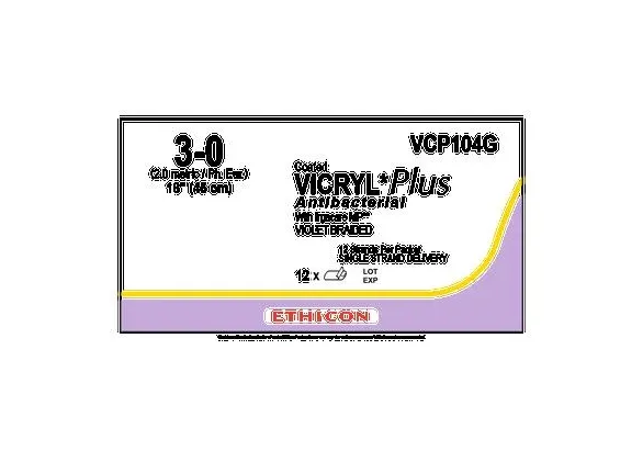 Ethicon Suture                  - Vcp104g - Ethicon Vicryl Plus Coated Antibacterial Suture Sutupak Precut Size 30 1218" Violet Braided 1dz/Bx